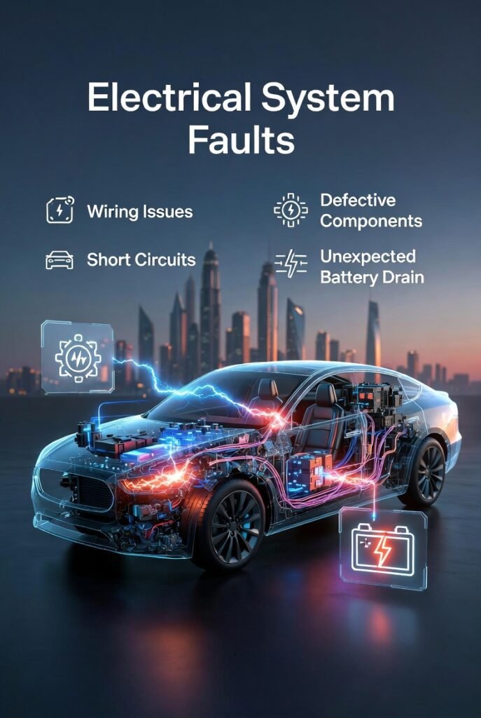 Electrical System Faults – Unexpected Car Battery Drain Car electrical system with wiring issues and short circuits causing unexpected battery drain