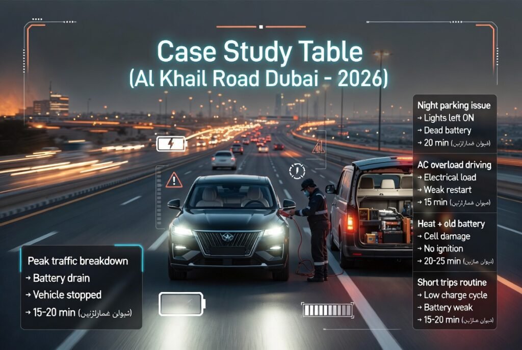 Infographic case study table showing car battery failure situations on Al Khail Road Dubai with causes, results, and fix times.