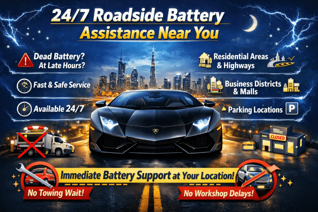Promotional 16:9 digital graphic showing a luxury Lamborghini car in the center on a city road at night with Dubai skyline in the background. Bold headline at the top reads “24/7 Roadside Battery Assistance Near You.” Side points highlight dead battery help, fast and safe service, available 24/7, residential areas, highways, business districts, malls, and parking locations. Bottom banner promotes immediate battery support, no towing wait, and no workshop delays. Theme features glowing lights, electric effects, and premium emergency roadside battery service styling.