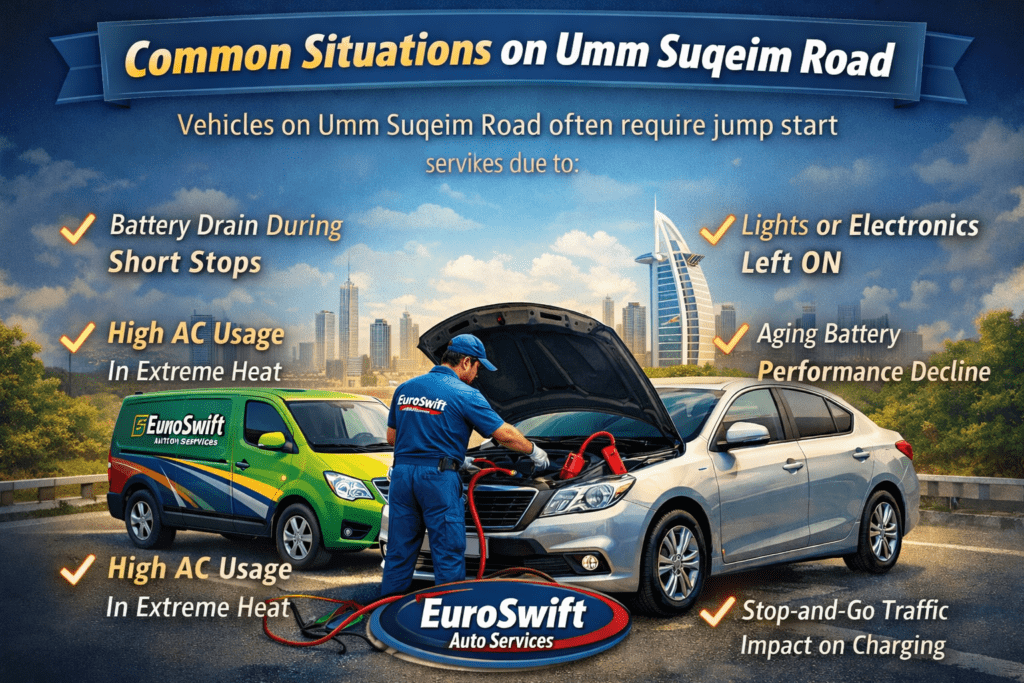Common car battery problems on Umm Suqeim Road Dubai showing jump start service with key causes like battery drain and AC usage