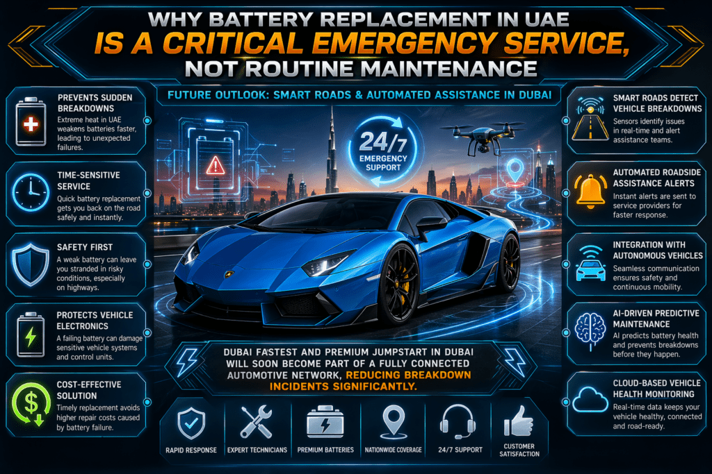 A futuristic infographic showing a blue Lamborghini on a smart Dubai road with glowing side panels highlighting battery replacement importance and advanced automotive technologies like AI maintenance and smart roads.