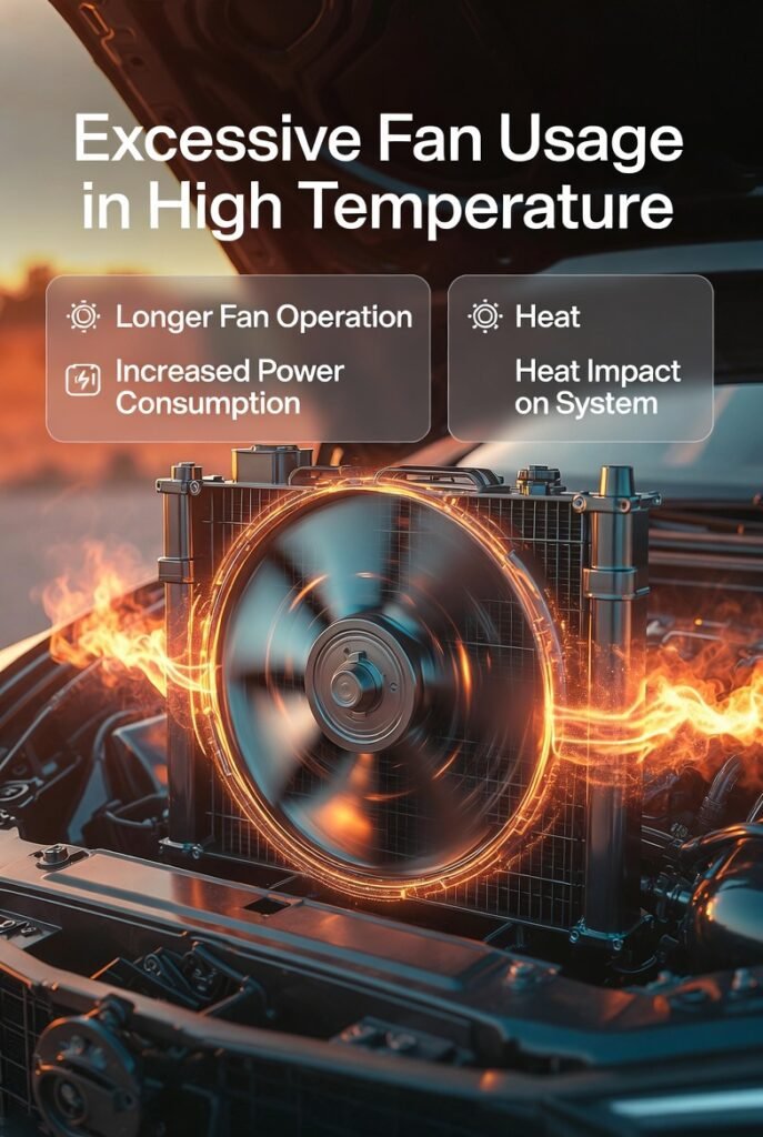Car cooling fan running excessively in high heat, showing title “Excessive Fan Usage in High Temperature” with side points explaining longer operation and battery consumption.