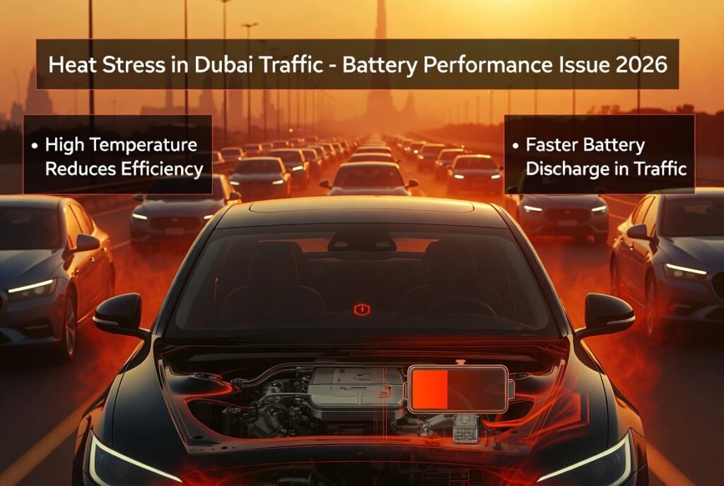 Car battery heat stress in Dubai traffic showing high temperature reducing efficiency and increasing battery discharge speed.