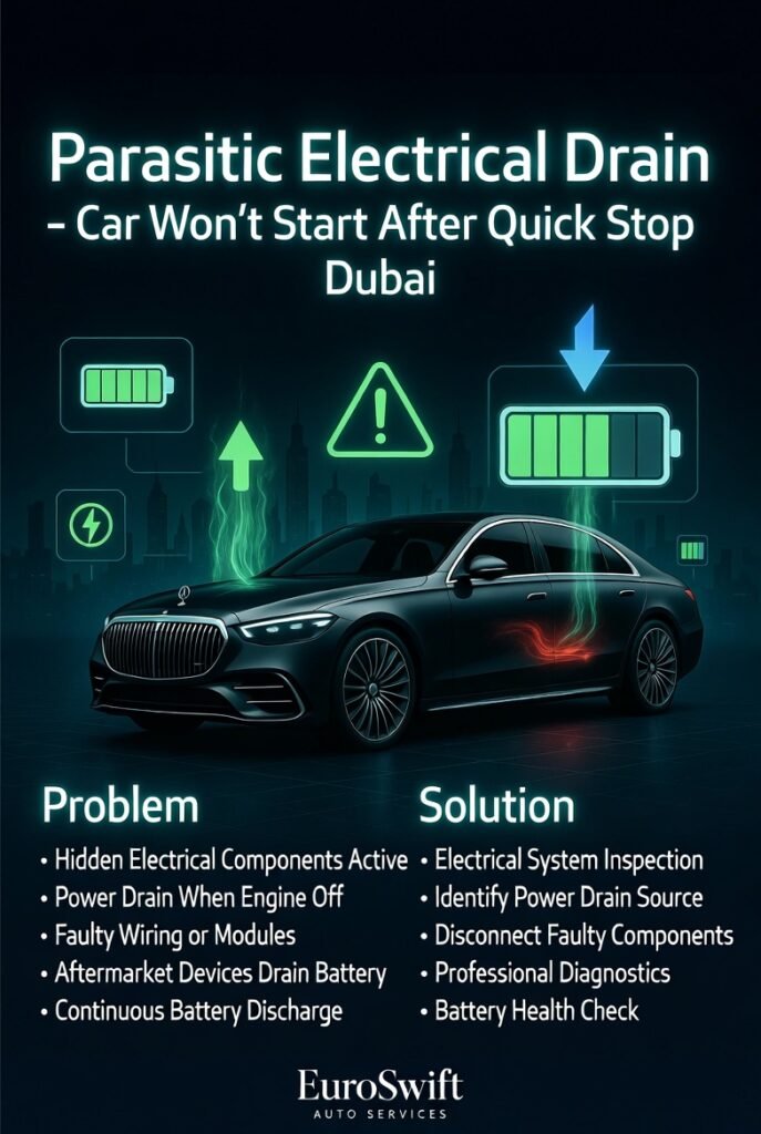 Parasitic electrical drain infographic showing a luxury car in the center with hidden power drain effects and causes and solutions listed on both sides in a modern guide style.