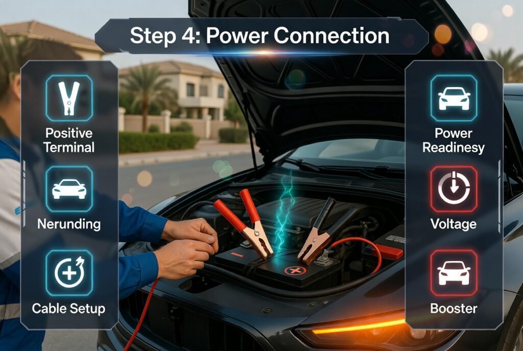 Technician connecting jumper cables and booster device to car battery terminals during roadside jump start service in Damac Hills 2.
