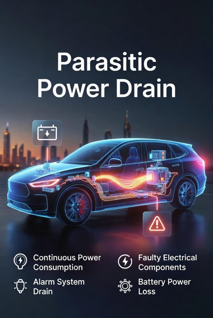 Parasitic Power Drain – Hidden Battery Drain Issue in Cars Car battery losing power due to parasitic electrical drain from systems like alarms and lights