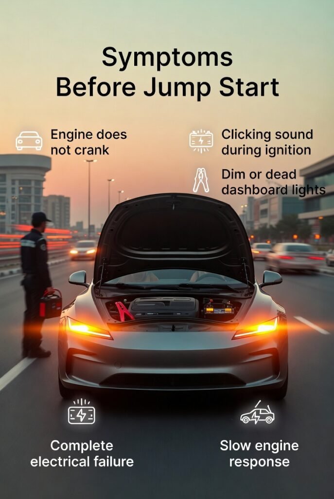 symptoms before car jump start showing engine not cranking dim lights and battery failure signs on Dubai roadside emergency scene