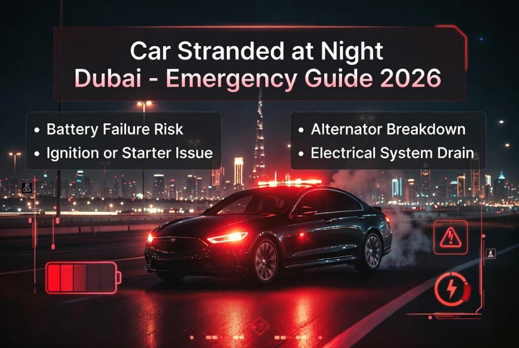 Car stranded at night in Dubai showing breakdown due to battery failure, ignition issue, and electrical system malfunction on roadside.