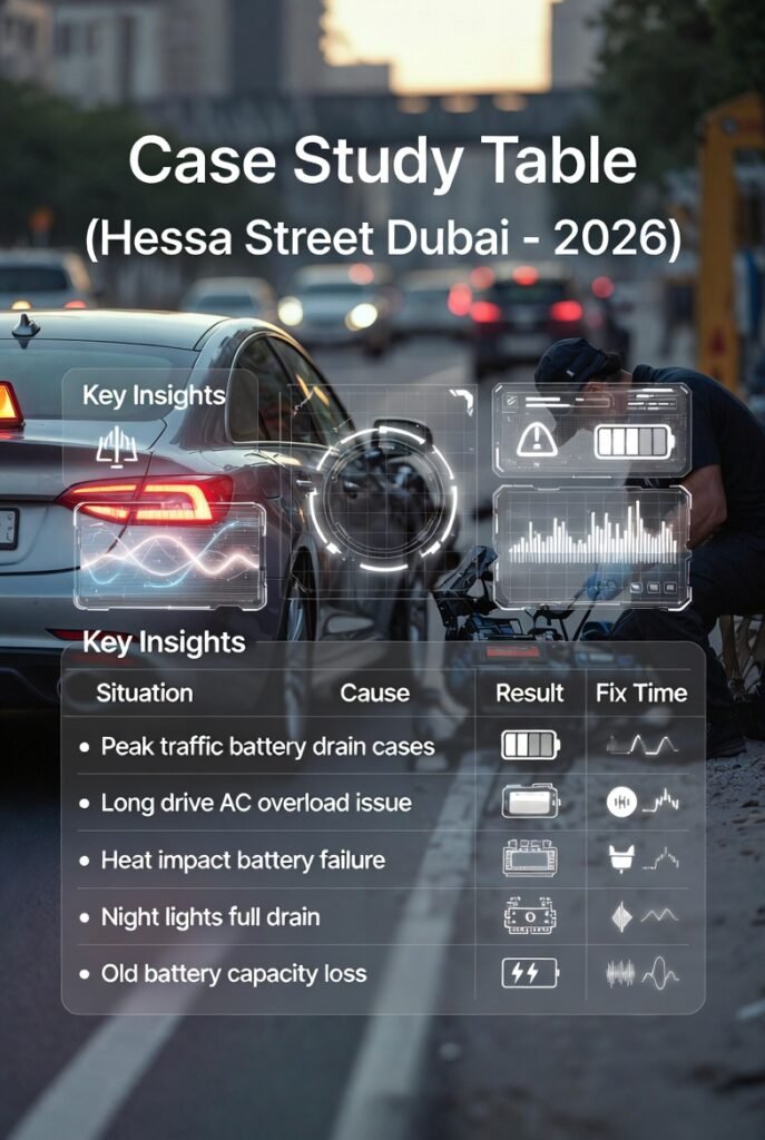 case study table showing car battery failure situations causes results and fix time on Hessa Street Dubai roadside assistance 2026
