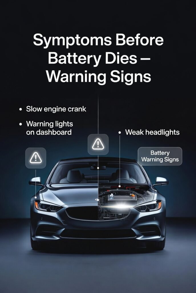 Car showing early symptoms of battery failure like weak crank and warning lights