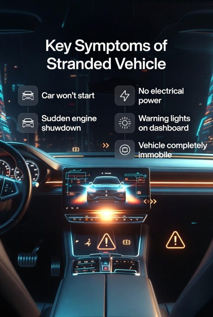 Key Symptoms of a Stranded Vehicle – Complete User Guide (2026) User guide image showing key symptoms of a stranded vehicle with a central car image and important warning signs listed on both sides in infographic format.