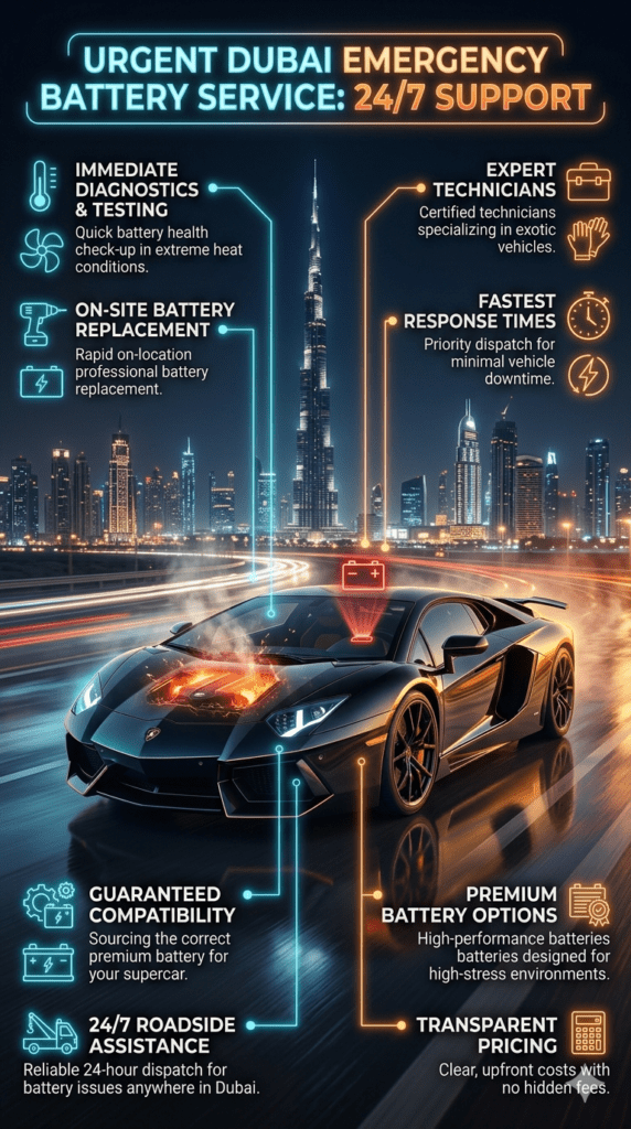 Emergency car battery replacement service in Dubai showing roadside assistance for a car with battery issue and mobile technician support.