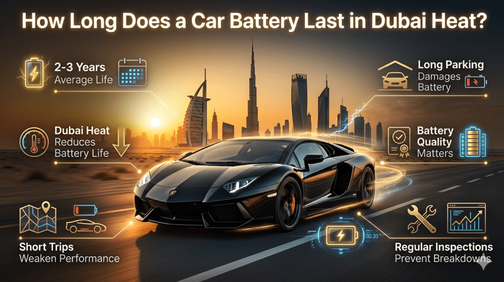 Premium 16:9 infographic showing a luxury Lamborghini in the center with Dubai skyline background and bold title at top reading How Long Does a Car Battery Last in Dubai Heat. Side bullet points mention 2 to 3 year battery life, heat damage, short trips, long parking, battery quality, and regular inspections. Futuristic glowing effects and high-end automotive style design.
