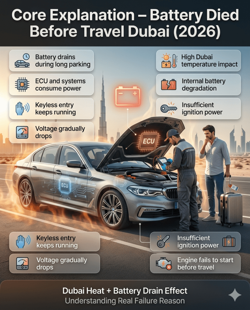 Car battery issue explanation in Dubai showing technician checking battery with heat and electrical system icons and traveler ready for journey