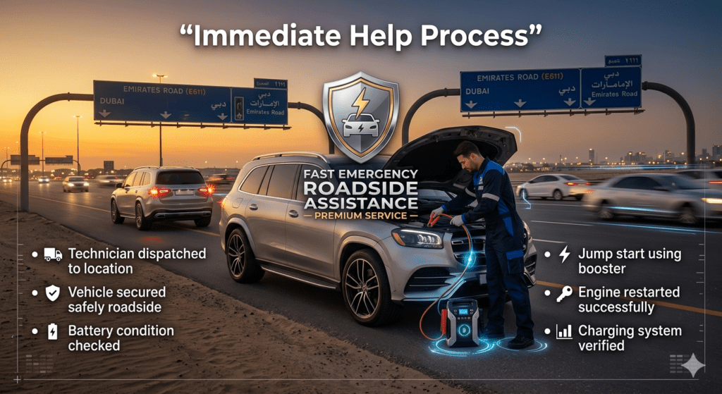 immediate help process showing car jump start service on Emirates Road Dubai with technician boosting dead battery and checking system