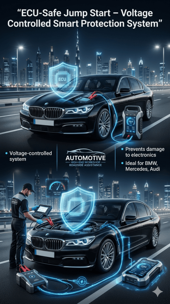 ECU-safe jump start service showing technician using voltage-controlled system to protect electronics in luxury cars like BMW, Mercedes, and Audi.