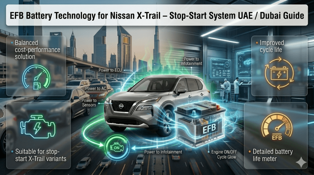 EFB battery Nissan X-Trail UAE infographic showing enhanced flooded battery technology, stop-start engine system, cycle life improvement, and urban driving efficiency in Dubai.
