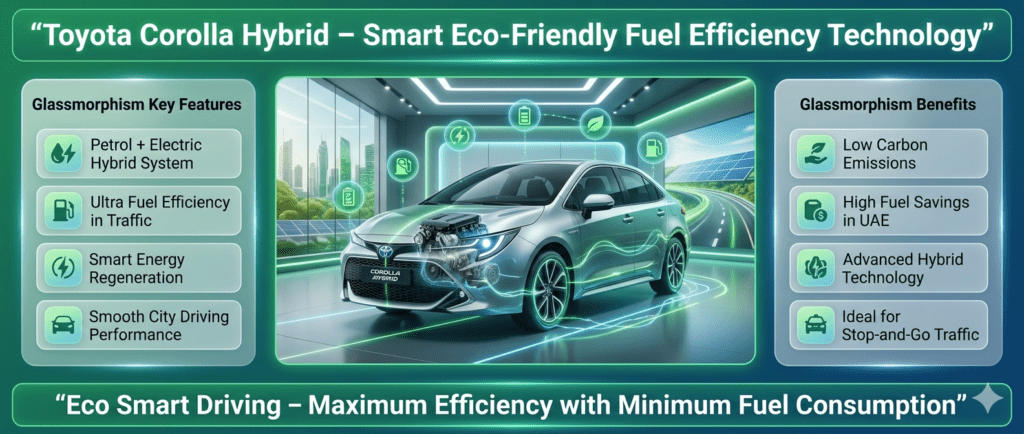 Toyota Corolla Hybrid infographic showing petrol-electric system, fuel efficiency, low emissions, and advanced energy regeneration technology for eco-friendly driving in UAE.