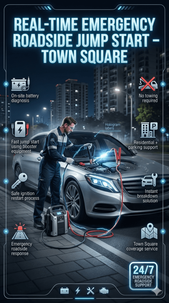 Technician performing emergency roadside jump start on a car in Town Square with booster equipment, showing safe on-site battery diagnosis and restart process.