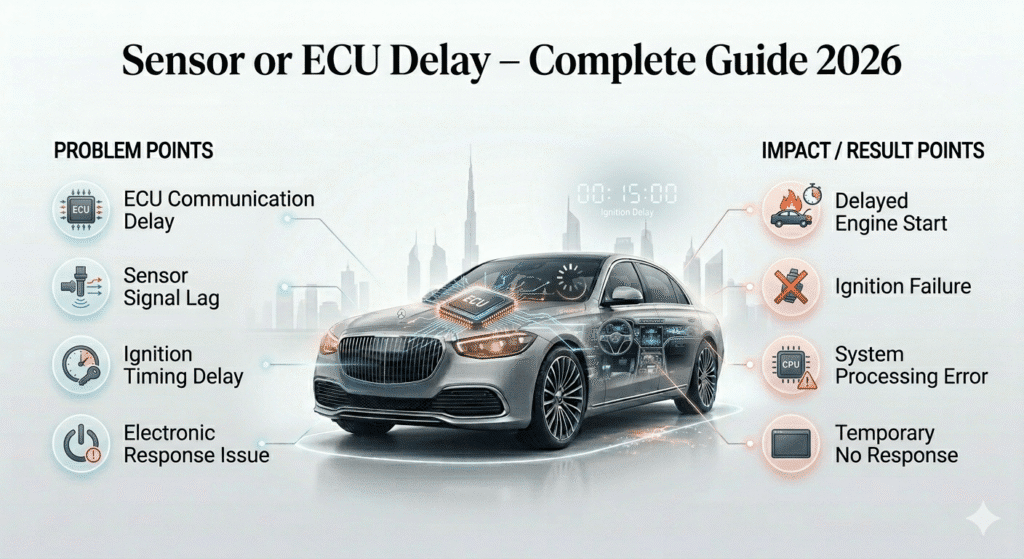 Sensor or ECU delay causing car starting delay after refueling shown in a clean automotive infographic