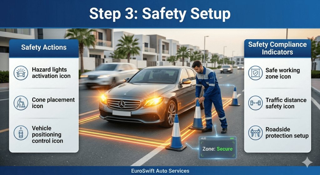 Technician securing a vehicle on roadside with hazard lights and safety cones during emergency assistance.