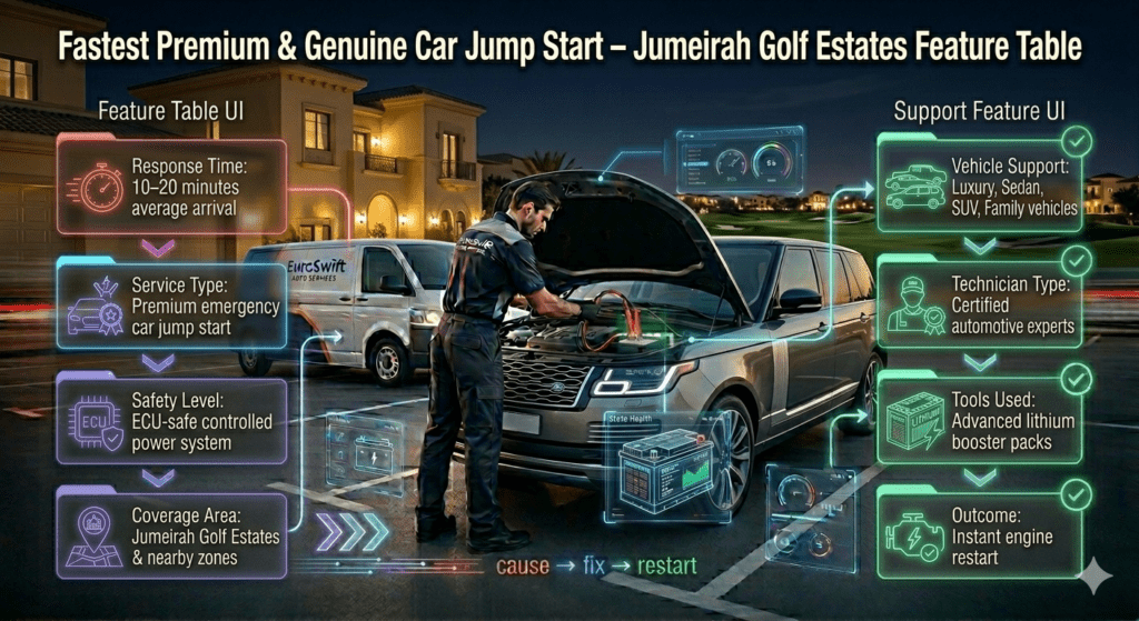 Feature table infographic showing Jumeirah Golf Estates jump start service with EuroSwift Auto Services technician, including response time, safety system, coverage, tools, vehicle support, and instant engine restart.