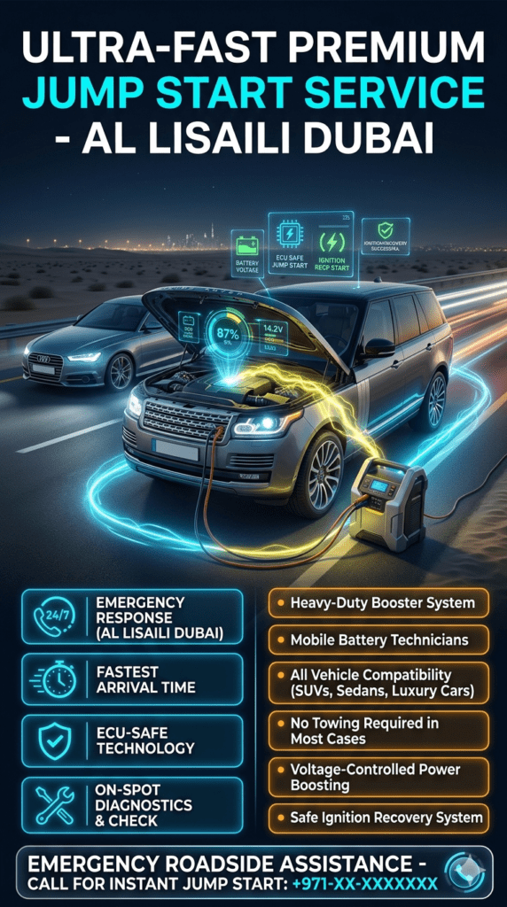 “A premium roadside emergency car jump start service infographic showing a luxury SUV receiving ECU-safe battery boost with neon energy effects, featuring service highlights on both sides in a modern tech UI layout in Al Lisaili Dubai.”