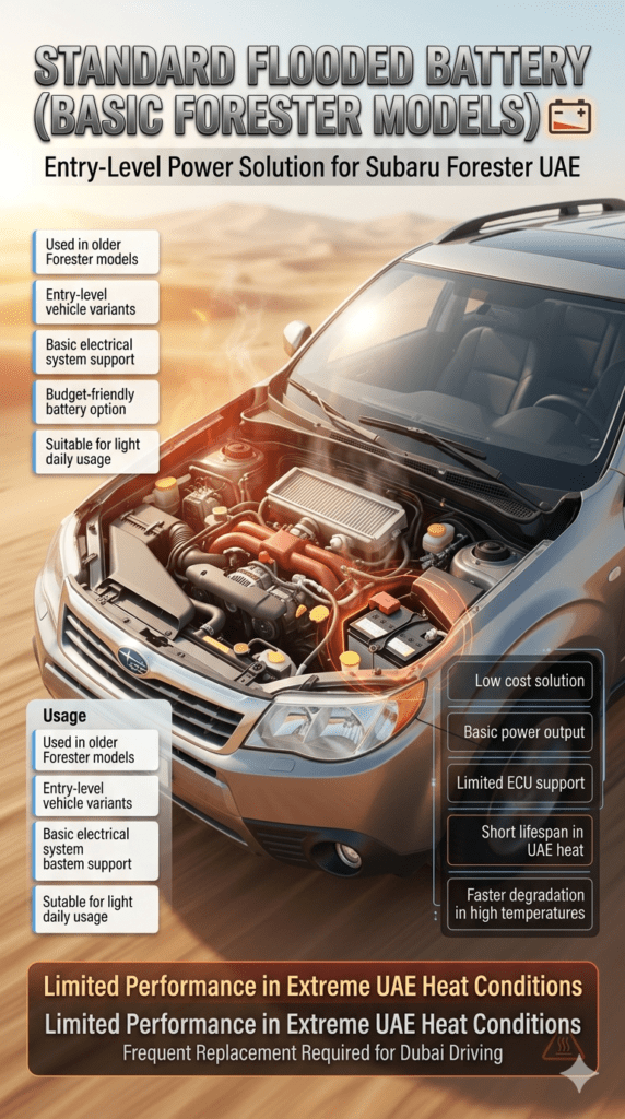 Subaru Forester infographic showing standard flooded battery in engine bay with features like low cost, basic electrical support, and short lifespan in UAE heat displayed in side panels.