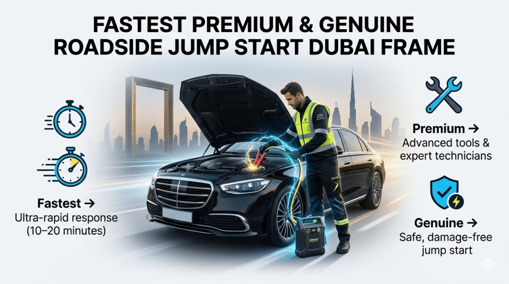 Premium roadside jump start service near Dubai Frame showing technician boosting car battery with key features highlighted.