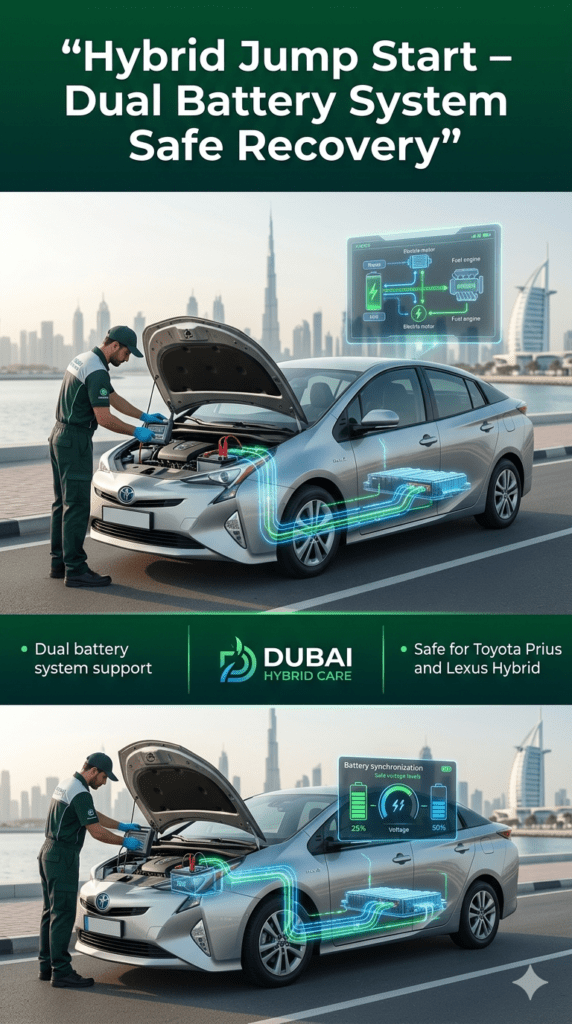 Hybrid jump start service showing technician safely handling dual battery system in Toyota Prius and Lexus Hybrid with eco-tech visualization.