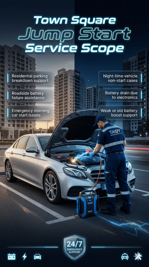 Emergency roadside jump start service in Town Square showing technician assisting a car in residential parking with battery boost support and breakdown assistance points displayed on sides.