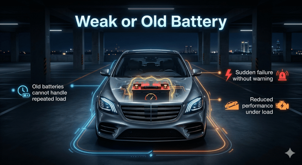 Weak or Old Battery Infographic showing weak or old car battery failure and reduced performance