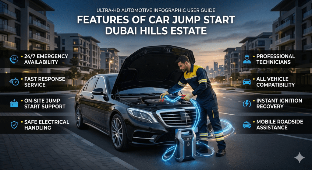 Features of car jump start service in Dubai Hills Estate showing technician boosting a car battery with key service features displayed around the image.
