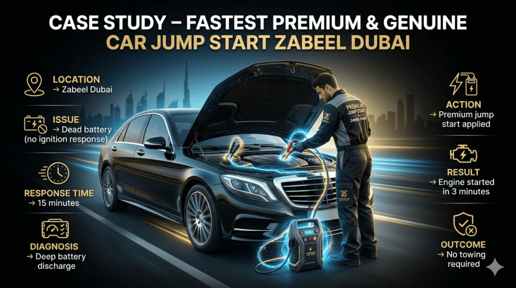 Roadside jump start case study in Zabeel Dubai showing technician boosting car battery with structured service details displayed on sides.