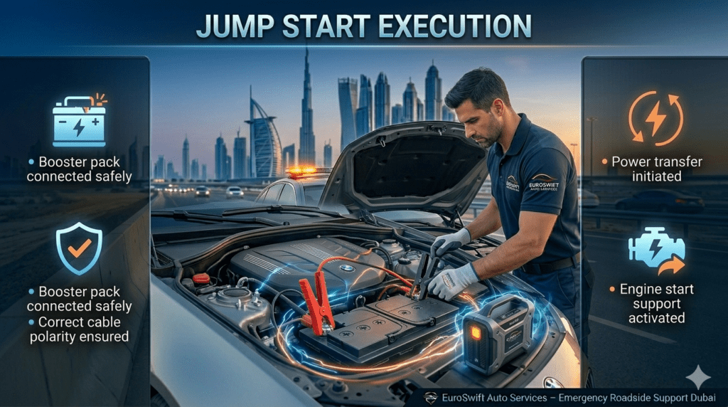 Technician connecting jumper cables and a booster pack to a car battery for safe jump start execution on roadside.
