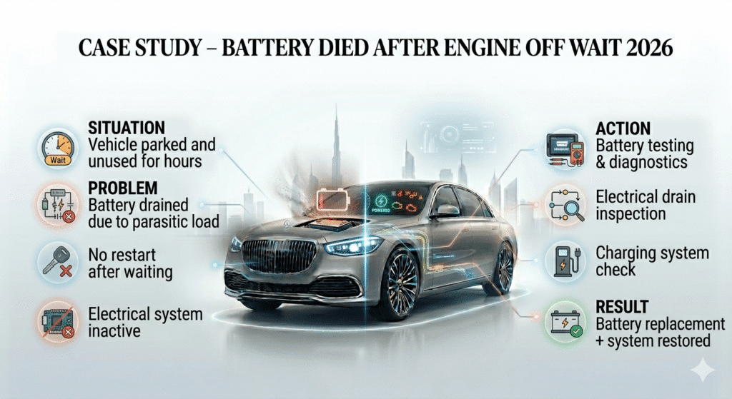 Case study showing car battery failure after engine off and its diagnosis and solution in infographic