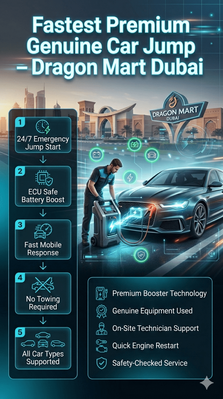 Premium user guide infographic showing fastest car jump start service near Dragon Mart Dubai with technician connecting booster to luxury car battery and service features displayed on sides.