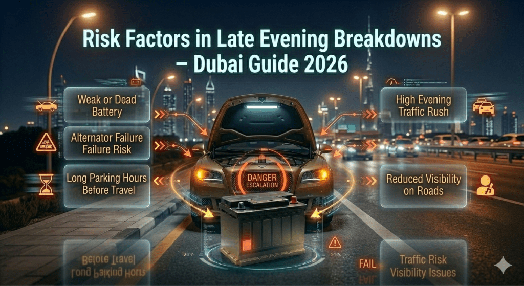 Risk factors of late evening car breakdown in Dubai including low visibility, traffic congestion, delayed help, and safety risks.