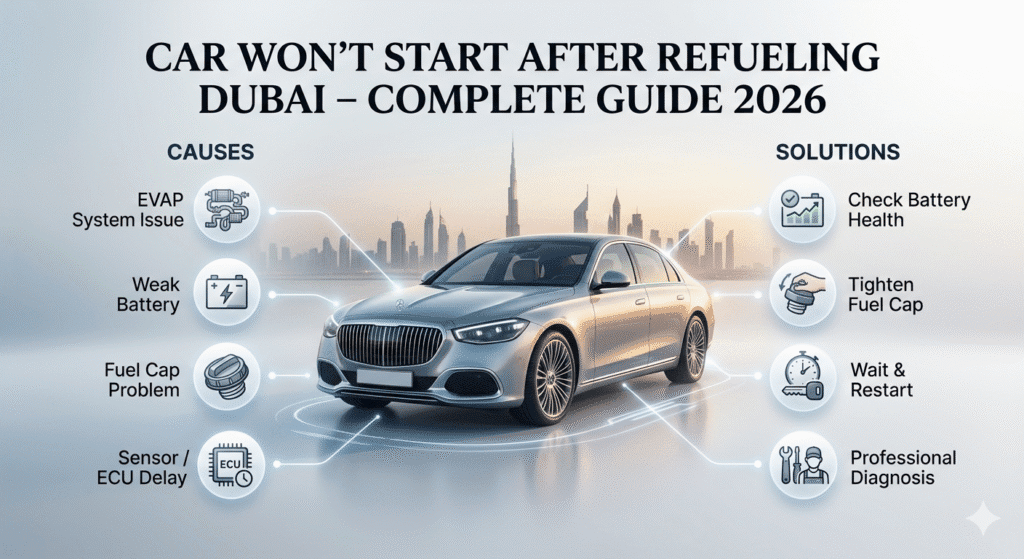 Car won’t start after refueling Dubai guide with causes and solutions in a clean infographic layout