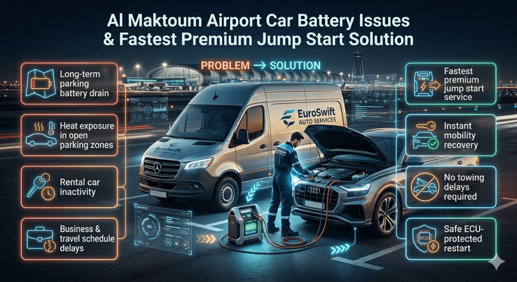 Infographic showing car battery issues at Al Maktoum Airport including parking drain, heat exposure, rental inactivity, and fast premium jump start solution by EuroSwift Auto Services.
