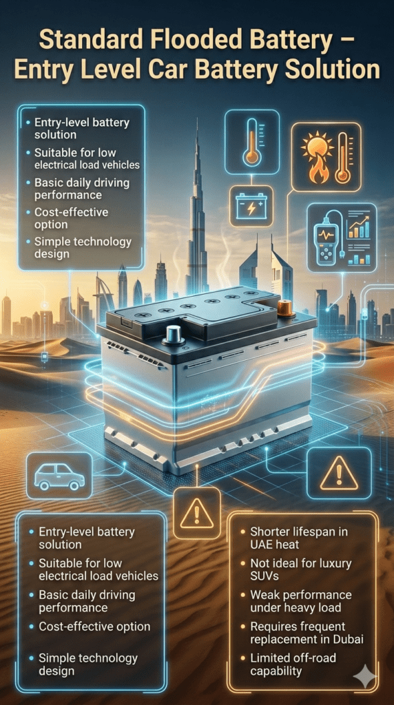 Standard flooded car battery infographic showing entry-level battery type, usage limitations, and heat impact in UAE and Dubai conditions.