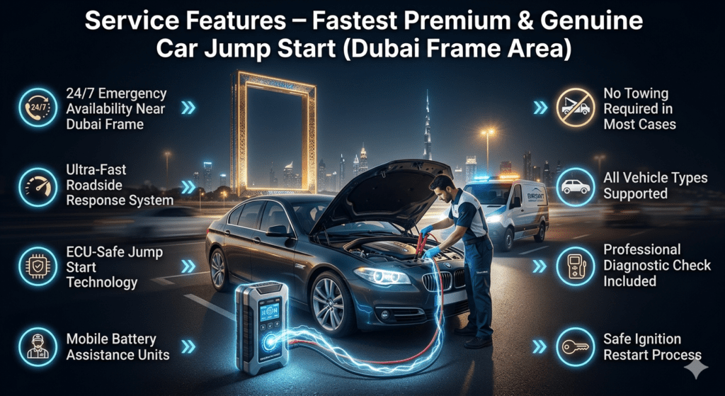 Professional roadside technician performing ECU-safe emergency car jump start near Dubai Frame with mobile assistance unit and premium equipment.