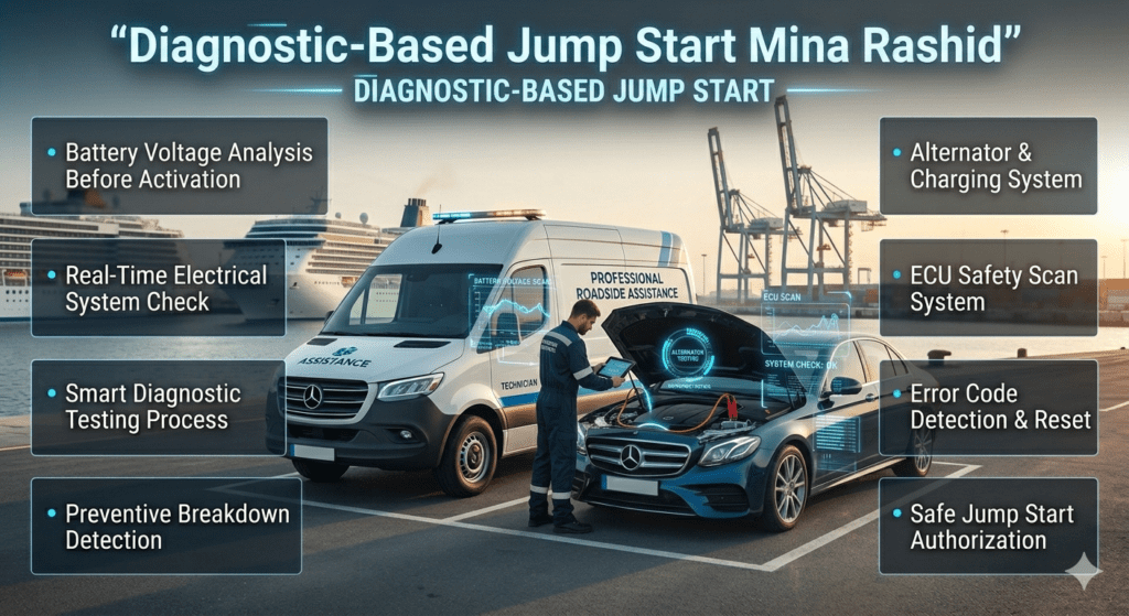 Technician performing diagnostic jump start in Mina Rashid using smart tablet scanner connected to luxury car with battery voltage, alternator, and ECU testing display.