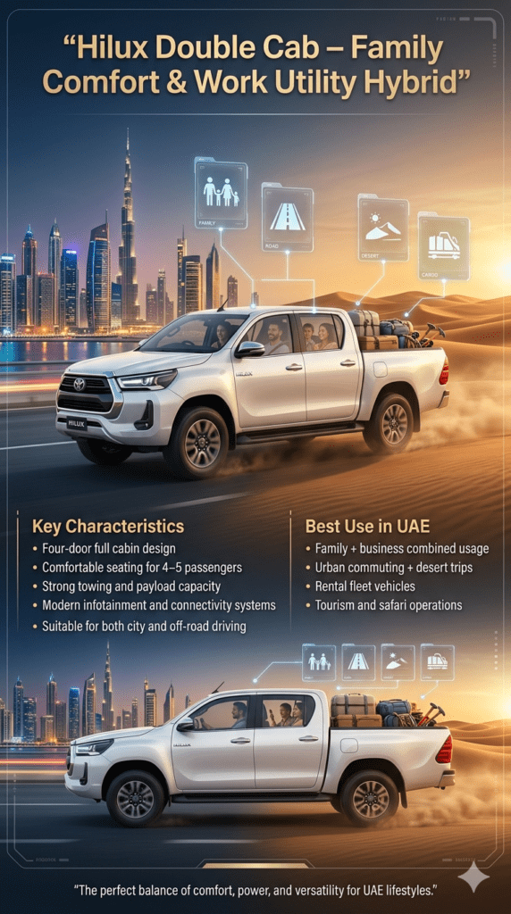 Toyota Hilux Double Cab pickup truck shown in Dubai city and desert safari environment carrying family passengers and cargo, with infographic panels highlighting comfort, towing power, and mixed-use capability.