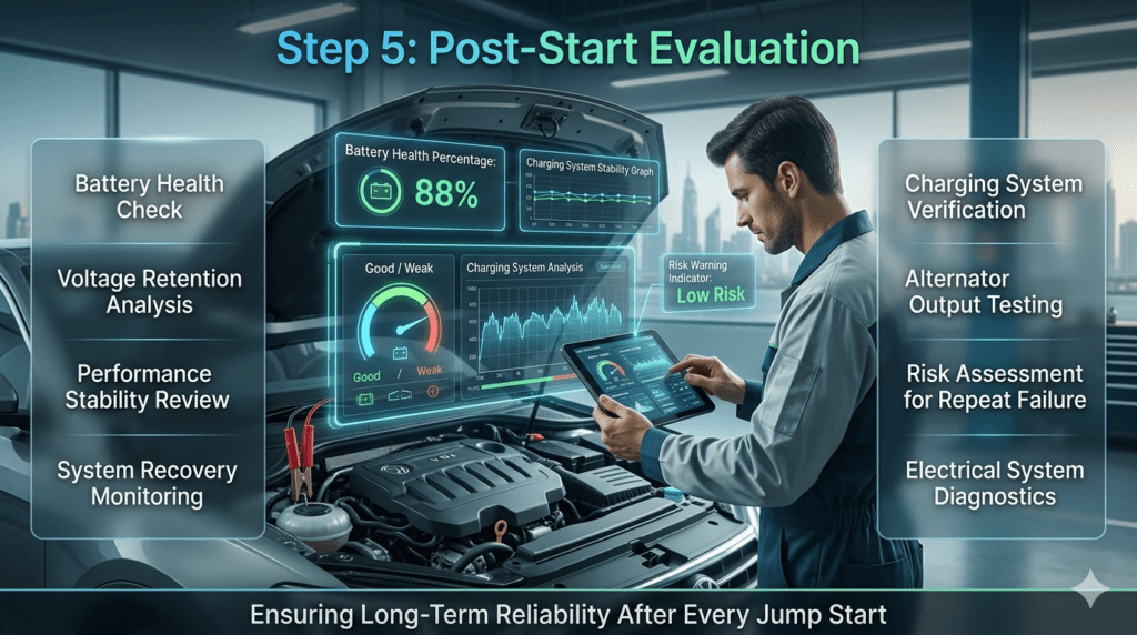 Post-start evaluation showing technician checking battery health, charging system, and risk assessment after successful car jump start using diagnostic tools