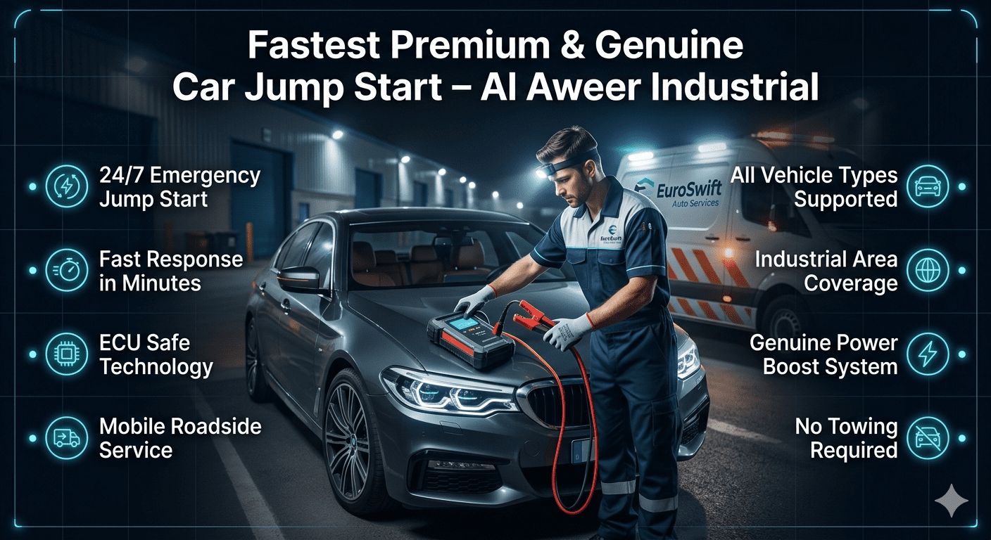 Professional roadside technician from EuroSwift Auto Services performing a fast and safe car jump start in Al Aweer Industrial with emergency tools and mobile assistance unit.