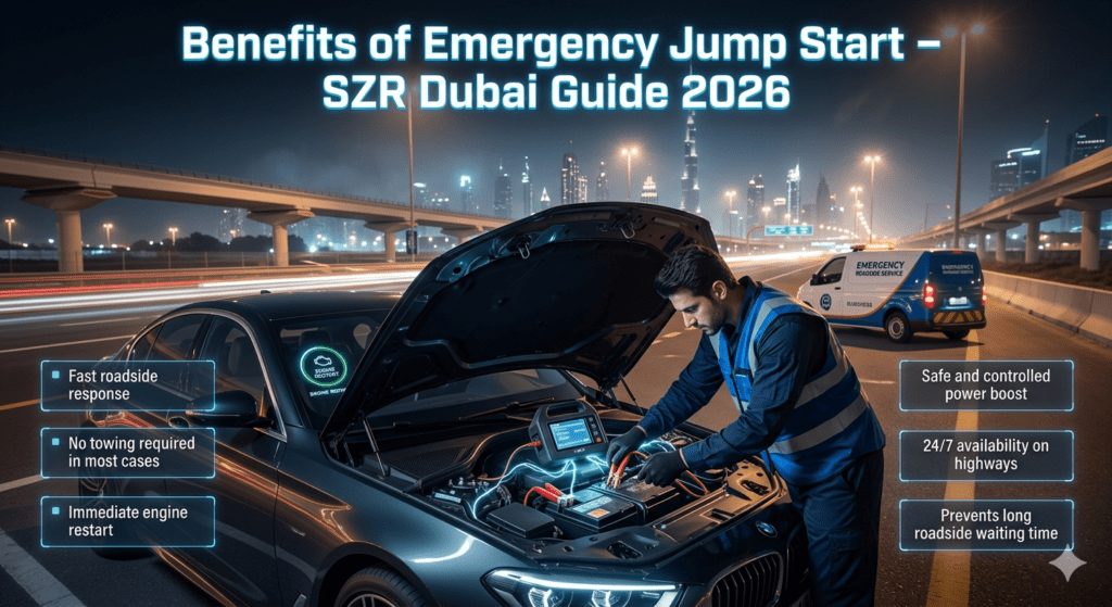 A cinematic roadside assistance scene on Sheikh Zayed Road showing a technician performing an emergency jump start on a luxury car with futuristic panels highlighting service benefits.