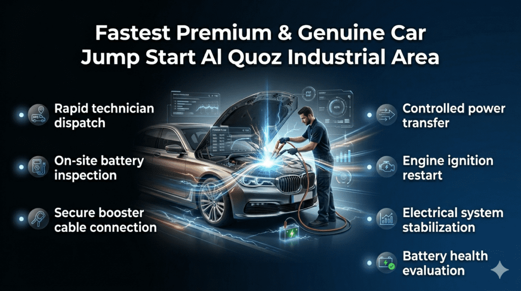 Premium car jump start process in Al Quoz Industrial Area showing technician boosting a battery with step-by-step service highlights.