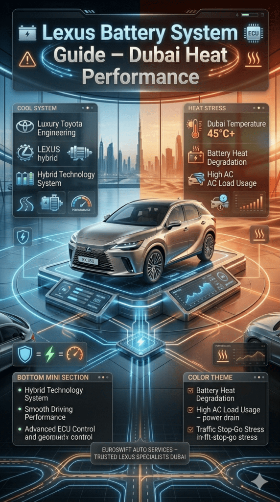 Luxury Lexus SUV infographic showing battery system performance in Dubai heat with hybrid technology and extreme temperature impact comparison panels.