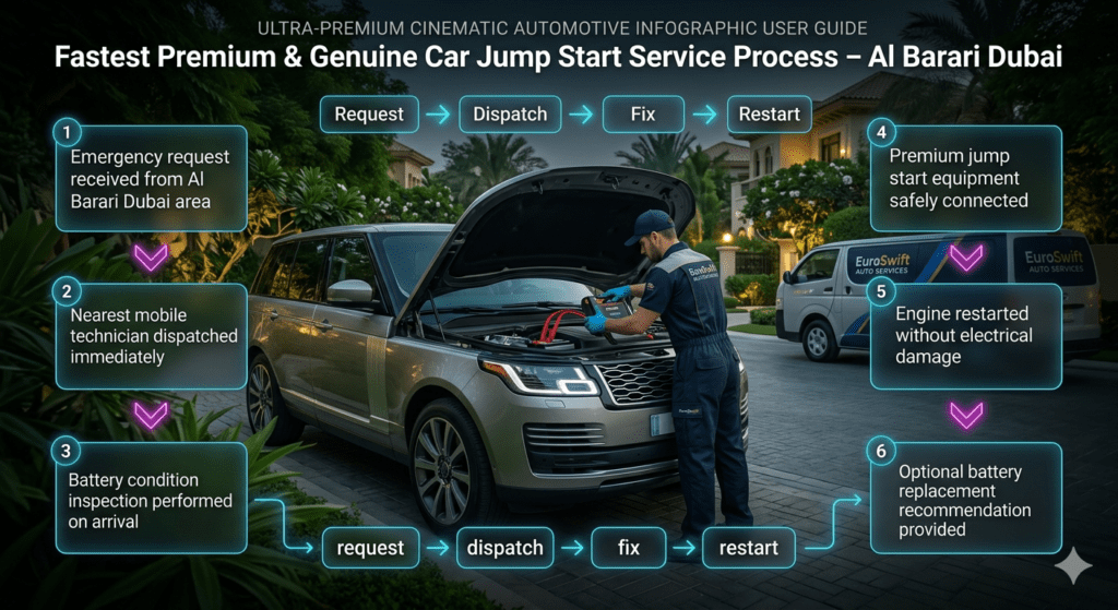 Step-by-step infographic showing Al Barari Dubai car jump start process including emergency request, technician dispatch, inspection, jump start, engine restart, and battery recommendation.
